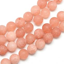 Dark Salmon Natural White Jade Bead Strands, Dyed, Frosted, Round, Dark Salmon, 8~9mm, Hole: 1mm, about 46~48pcs/strand, 14.9 inch