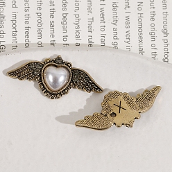 Wing Alloy Cabochons, with Plastic Imitation Pearl, Heart with Wing, Antique Bronze, 14x30mm