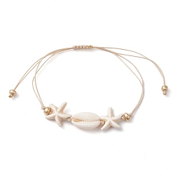 White Synthetic Turquoise & Cowrie Shell Braided Starfish & Shell Shape Bead Bracelets, for Women, White, Inner Diameter: 3-1/4 inch(8.3cm)