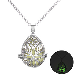 Flower Alloy Cage Pendant Necklaces, with Luminous Stone, Flower, 23.62 inch(60cm)