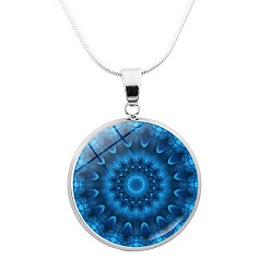 Dodger Blue Glass Mandala Flower Dome Pendant Necklace, Platinum Brass Jewelry for Women, Dodger Blue, 24.21 inch(61.5cm)