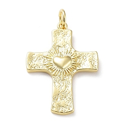 Real 18K Gold Plated Rack Plating Eco-Friendly Brass Pendants, with Jump Ring, Long-Lasting Plated, Lead Free & Cadmium Free, Cross with Heart Charm, Real 18K Gold Plated, 31x22x3mm, Hole: 4mm