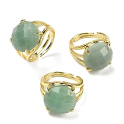 Зеленый Авантюрин Латунные манжеты с открытыми кольцами, с естественной зеленый авантюрин, круглые, граненые, стойки покрытие, долговечный, золотые, 18 мм