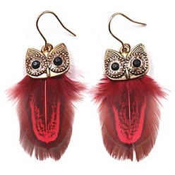 Crimson Feather Owl Dangle Earrings, Gold Plated Alloy Jewelry for Women, Crimson, 60x20mm