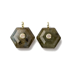 Лабрадорита Природные подвески лабрадорита, граненые шестиугольные подвески с латунной микропаве из прозрачных кубических цирконий, золотые, 21~22x19~20x6.5~7.5 мм, отверстие : 3.5x2.5 мм