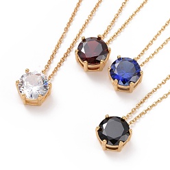 Mixed Color Flat Round Cubic Zirconia Pendant Necklace, Golden Plated 304 Stainless Steel Jewelry for Women, Mixed Color, 17.52 inch(44.5cm)
