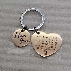 Rose Gold & Stainless Steel Color Stainless Steel Pendants Keychain, with Key Rings, Heart with Calendar & Flat Round with Word I Love You, Rose Gold & Stainless Steel Color, 2.5x3cm, Ring: 25mm
