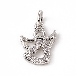 Platinum Brass Micro Pave Cubic Zirconia Charms, with Jump Ring, Angel Charm, Platinum, 12x10x1.5mm, Ring: 5x0.8mm, Hole: 3mm