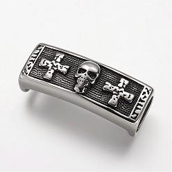 Antique Silver 304 Stainless Steel Slide Charms, Rectangle with Skull, Antique Silver, 39x15x14mm, Hole: 7x12mm