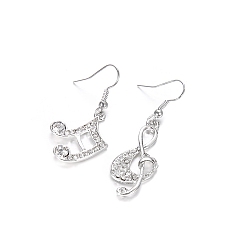 Platinum Alloy with Glass Dangle Earrings, Musical Note Asymmetrical Earrings, Platinum, 40x18mm, 45mm