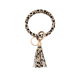 Moccasin Leopard Print Pattern PU Imitaition Leather Bangle Keychains, Wristlet Keychain with Tassel & Alloy Ring, Moccasin, 200x100mm