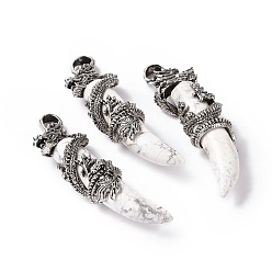 Howlite Natural Howlite Pendants, with Antique Silver Tone Alloy Dragon, 61~65x20.5~21x16mm, Hole: 7x6.5mm