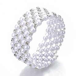 Crystal Five Loops Iron Wrap Bracelets, with Rhinestone and ABS Plastic Imitation Pearl, Platinum, Crystal, Inner Diameter: 2 inch(5cm)