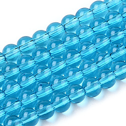 Deep Sky Blue Transparent Glass Beads Strands, Round, Deep Sky Blue, 4~4.5mm, Hole: 0.8mm, about 97~99pcs/strand, 14.76 inch~14.96 inch(37.5~38cm)