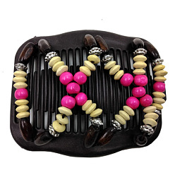 Fuchsia Plastic Hair Bun Maker, Stretch Double Hair Comb, with Wood Beads and Metal Findings, Fuchsia, 75x105mm