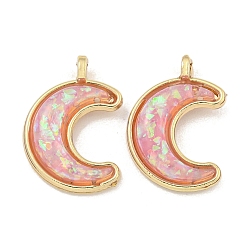 Pink Подвески из полупрозрачной смолы, латунные подвески в виде полумесяца с золотой фольгой, реальный 18 k позолоченный, долговечный, без кадмия и без свинца, розовые, 16.5x11.5x3 мм, отверстие : 1.5 мм