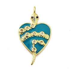 чирок Латунные микро проложить кубического циркония подвески, с эмалью, сердце со змеиными чарами, без свинца и без кадмия, стойки покрытие, долговечный, зелено-синие, 28.5x15.5x3 мм, отверстие : 1.6 мм