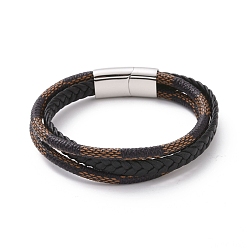 Stainless Steel Color Microfiber Braided Cord Triple-strand Bracelet with 304 Stainless Steel Magnetic Clasps, Punk Wristband for Men Women, Stainless Steel Color, 8-5/8 inch(22cm)