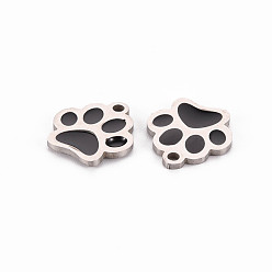 Black 304 Stainless Steel Enamel Charms, Stainless Steel Color, Dog Paw Prints, Black, 13x12x1mm, Hole: 1.5mm