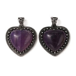 Amethyst Natural Amethyst Pendants, Heart Charms, with Rack Plating Antique Silver Tone Brass Findings, Cadmium Free & Lead Free, 28.5x27x9mm, Hole: 7x5mm