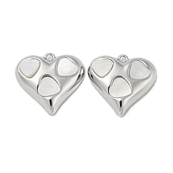 Real Platinum Plated Brass Pendants with Shell, Heart, Real Platinum Plated, 18x19x4mm, Hole: 1.4mm