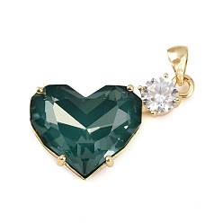 Зеленый Латунные микро проложить кубического циркония подвески, со стеклом, сердце прелести, стойки покрытие, без кадмия и без свинца, долговечный, реальный 18 k позолоченный, зелёные, 16.5x27.5x7.5 мм, отверстие : 4.5x3.5 мм