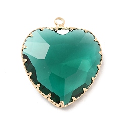 Emerald K9 Glass Pendants, Heart Charms, with Light Gold Tone Brass Findings, Faceted, Emerald, 31x28x9mm, Hole: 2mm