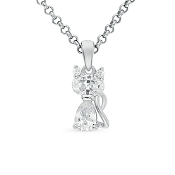 Platinum Cubic Zirconia Cat Pendant Necklaces, Rhodium Plated 925 Sterling Silver for Women, Platinum, 15.75 inch(40cm)