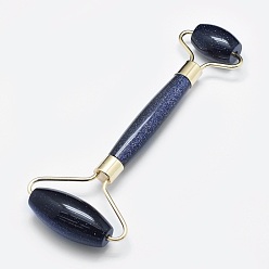 Blue Goldstone Synthetic Blue Goldstone Brass Face Massager, Facial Rollers, Golden, 146~150x54~58x19~22mm
