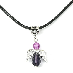 Medium Orchid Angel Shape Alloy with Glass Pendant Necklaces, with Imitation Leather Cords, Medium Orchid, 17.32 inch(44cm)