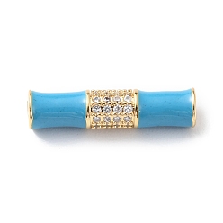 Deep Sky Blue Rack Plating Brass Clear Micro Pave Cubic Zirconia Beads, with Enamel, Long-Lasting Plated, Real 18K Gold Plated, Cadmium Free & Lead Free, Tube, Deep Sky Blue, 20.5x5mm, Hole: 1.8mm