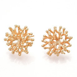 Real 18K Gold Plated Brass Stud Earring Findings, for DIY Earring Making, with Loop, Nickel Free, Real 18K Gold Plated, Coral, 20~21x20~21mm, Hole: 1.2mm, Pin: 0.8mm
