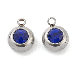 Sapphire 201 Stainless Steel Rhinestone Charms, Birthstone Charms, Flat Round, Stainless Steel Color, Sapphire, 12x9x5mm, Hole: 1.8mm