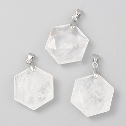 Quartz Crystal Faceted Natural Quartz Crystal Pendants, Rock Crystal Pendants, with Platinum Tone Brass Findings, Hexagon, 28x25x9mm, Hole: 4x5mm