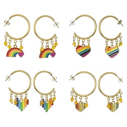 Mixed Shapes Rainbow Pride Flag Alloy Enamel Dangle Stud Earrings, Natural Agate Beads Drop Half Hoop Earrings, Mixed Shapes, 46~50x26.5mm
