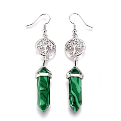 Malachite Pointed Bullet Synthetic Malachite Dangle Earrings, with Brass Earring Hooks and Flat Round with Tree of Life Links, Platinum, 76mm, Pin: 0.7mm