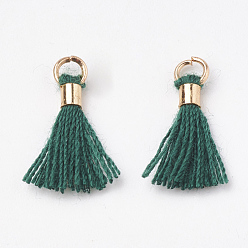 Teal Polycotton(Polyester Cotton) Tassel Pendant Decorations, Mini Tassel, with Brass Findings, Light Gold, Teal, 10~15x3~4mm, Hole: 2mm