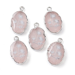 Rose Quartz Natural Rose Quartz Oval Pendants, Platinum Plated Brass Oval Charms with Flower, 22~22.5x13~13.5x4.5mm, Hole: 1.6~1.8mm