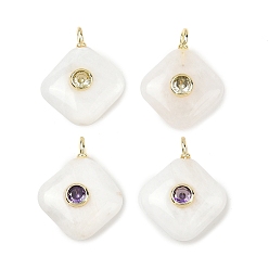 White Moonstone Подвески из натурального белого лунного камня, Подвески в виде ромбов с золотистой латунной микропаве из кубических цирконий разных цветов, 22.5~23.5x17.5x5.5~7 мм, отверстие : 2.5x1.5 мм