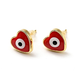 Red Heart with Evil Eye Enamel Stud Earrings, Gold Plated Brass Jewelry for Women, Cadmium Free & Lead Free, Red, 9.5x9.5mm, Pin: 0.8mm