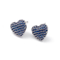 Blue Heart Brass Cubic Zirconia Ear Studs for Women Men, Lead Free & Cadmium Free, Platinum, Long-Lasting Plated, Blue, 11x12x4mm, Pin: 0.8mm