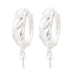 Silver Brass Micro Pave Clear Cubic Zirconia Huggie Hoop Earring Findings, for Half Drilled Beads, Rack Plating, Long-lasting Plated, Silver, 22x15.5x5mm, Pin: 0.8mm