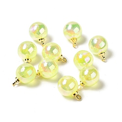 Yellow UV Plating Acrylic Pendants, with Light Gold Tone Brass Findings, Round Charm, Yellow, 13.5x9.5mm, Hole: 1.6mm