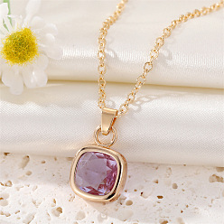 Purple square necklace Stylish Crystal Geometric Necklace with Square Diamonds and French Gold Trim