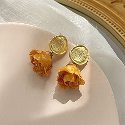 Gold 3D Dry Flower Dangle Stud Earrings for Women, with 925 Sterling Silver Pins, Gold, 35x20mm