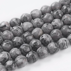 Gray Natural Map Stone/Picasso Stone/Picasso Jasper Strands, Faceted Round, Gray, 8mm, Hole: 1mm, about 44pcs/strand, 14.5 inch