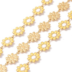 Champagne Yellow 304 Stainless Steel Daisy Flower Link Chains with Enamel, Unwelded, Golden, Champagne Yellow, 14x10x1mm