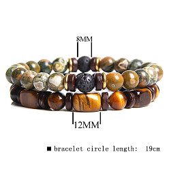 Mixed Color Men's Double-layered Tiger Eye Stone Beaded Bracelet Set - Natural Gemstone Jewelry, Mixed Color, size 2