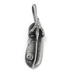 Antique Silver Tibetan Style Alloy Big Pendants, Frosted, Feather and Eagle Charm, Antique Silver, 72x17x14mm, Hole: 12x6mm