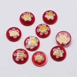Rouge Main cabochons en verre millefiori, conception de fleur unique, demi-tour / dôme, rouge, 10x3mm